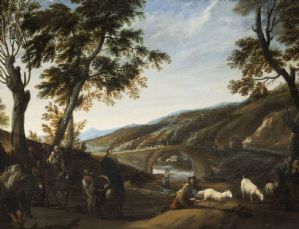Pier Francesco Cittadini (Milán, 1616 - Bolonia, 1681) - Paisaje con familias preparándose para un viaje - 1650 aprox.
